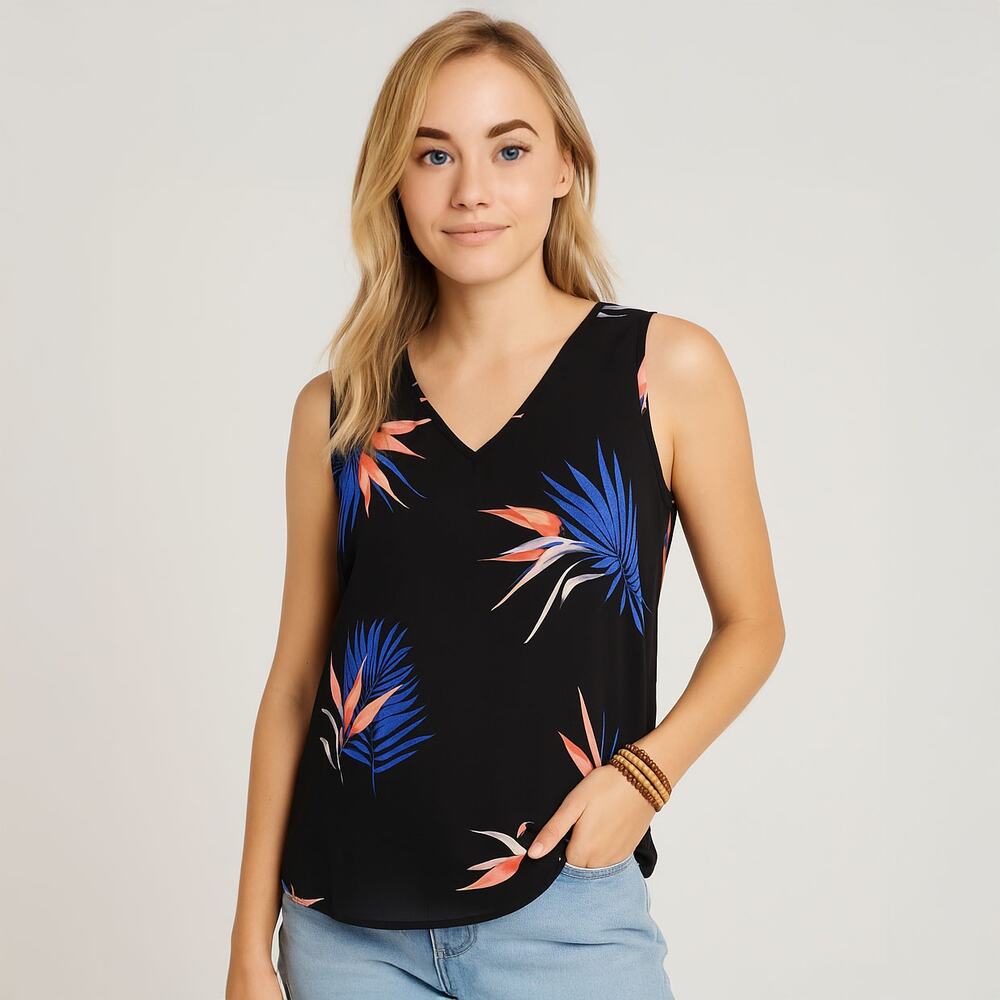 Birds of Paradise V Neck Slight Sheer Tank Blouse Sz Small